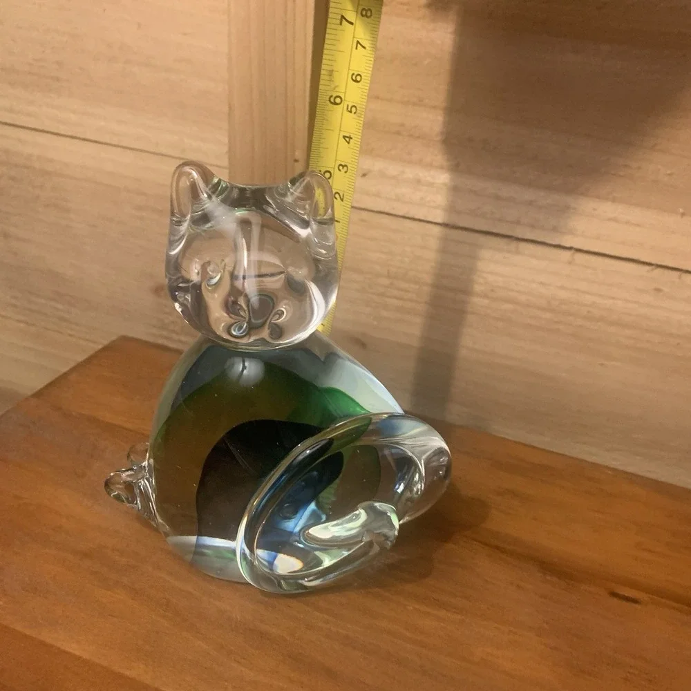 Pier‎ 1 Art Glass Cat Kitten Figurine w Clear Blue Green Hand-blown Paperweight